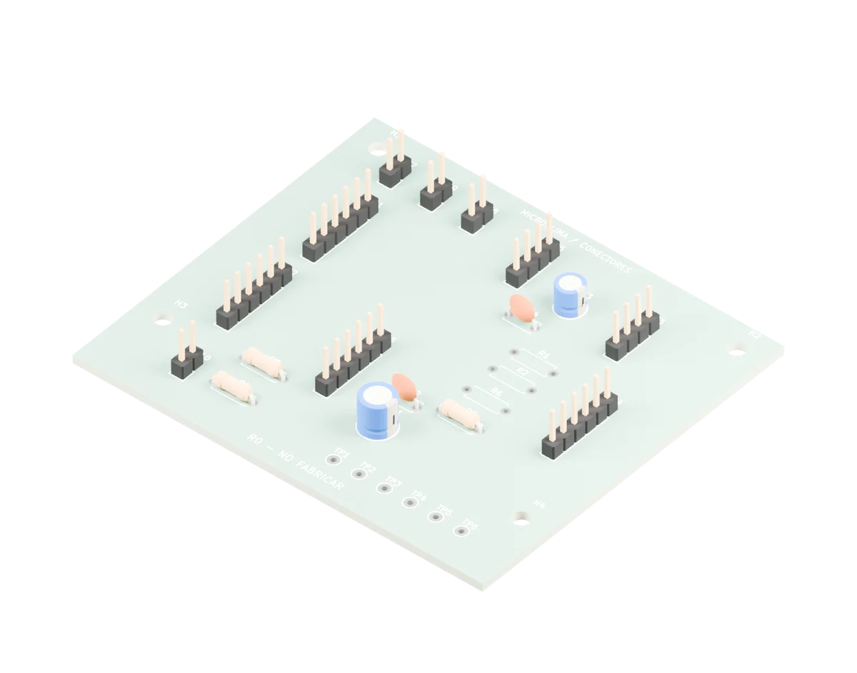 Render exportado de la portadora KiCad R0 con conectores, capacitores y resistencias, todavía sin pistas